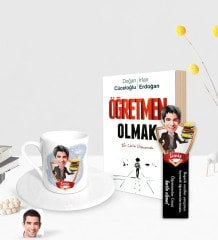 Kişiye Özel Erkek Öğretmen Karikatürlü Türk Kahvesi Fincanı Ahşap Kitap Ayracı ve Öğretmen Olmak Kitabı Hediye Seti-1