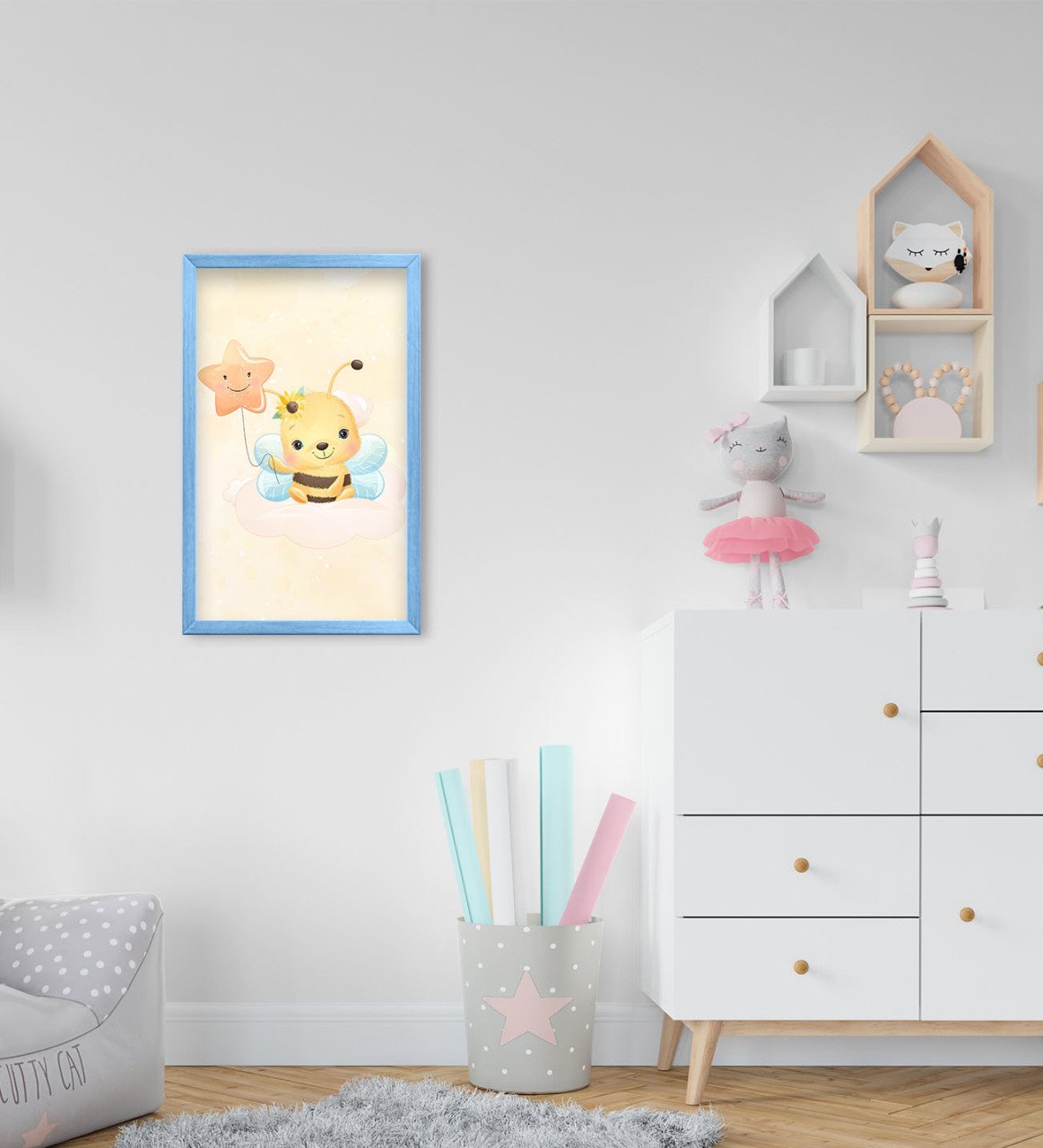 BK Home Sevimli Arı Tasarımlı Dekoratif Mavi Ahşap Çerçeveli Çocuk Odası Tablo-3