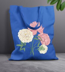 BK Gift Çiçek Tasarımlı-7 Mavi Kumaş Bez Çanta, Baskılı Omuz Çantası, Alışveriş Çantası, Arkadaşa Hediye