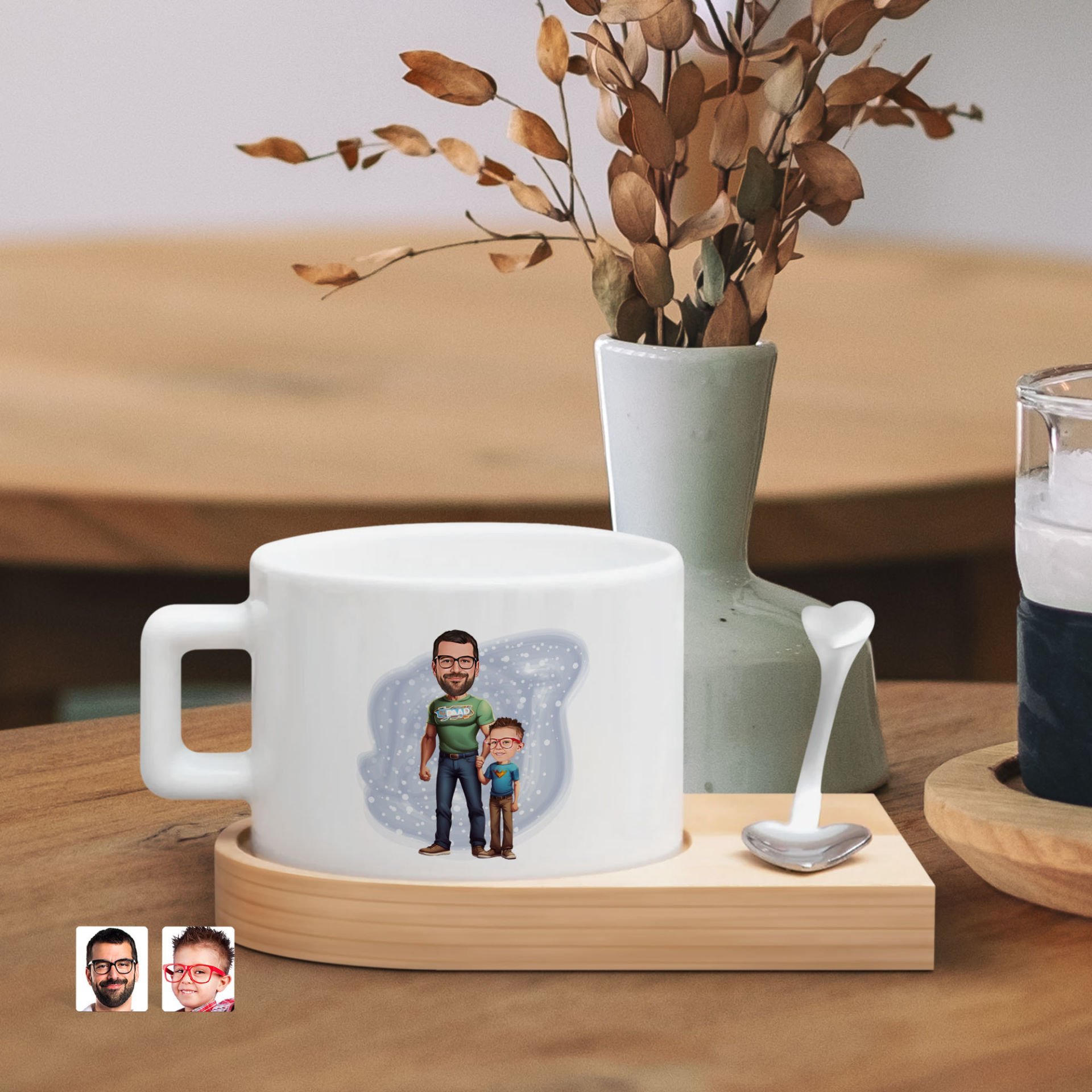 BK Gift Kişiye Özel Baba Oğul Karikatürlü-21, Ahşap Altlıklı Seramik Fincan, Babaya Hediye, Arkadaşa Hediye