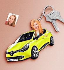Kişiye Özel Bayan Renault Megane Hatchback Figürlü Plakalı Ahşap Karikatür Anahtarlık