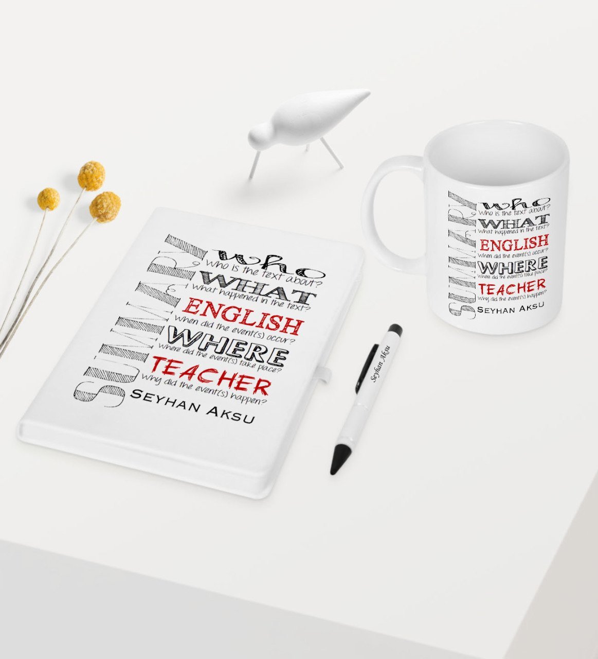 Kişiye Özel İngilizce Öğretmeni Temalı Beyaz Defter Kalem Kupa Seti - 7