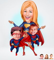 Kişiye Özel Süper Anne Süper Çocuklar Tasarımlı Dijital Karikatür-1