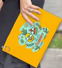 BK Gİft Yaz Temalı Astarlı Sarı Portföy Çanta 30x21cm, Baskılı El Çantası, Organizer Çanta