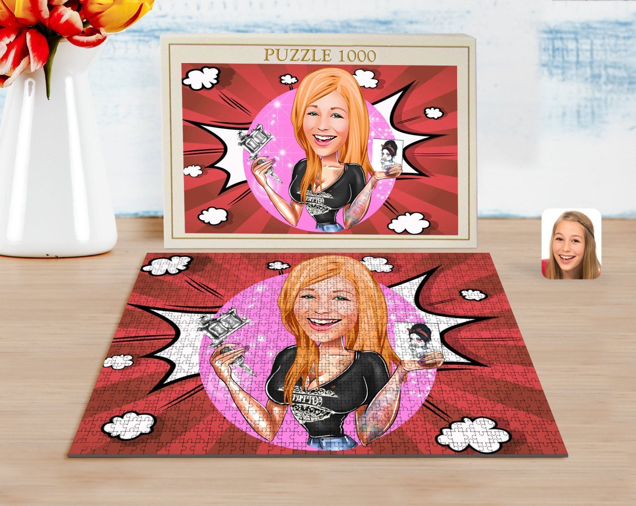 Kişiye Özel Kadın Dövme Sanatçısı Karikatürlü 1000 Parça Profesyonel Puzzle-1