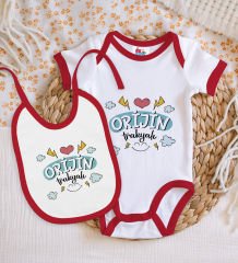 BK Kids Orjin Trakyalı Tasarımlı Kırmızı Bebek Body Zıbın ve Mama Önlüğü Hediye Seti-1