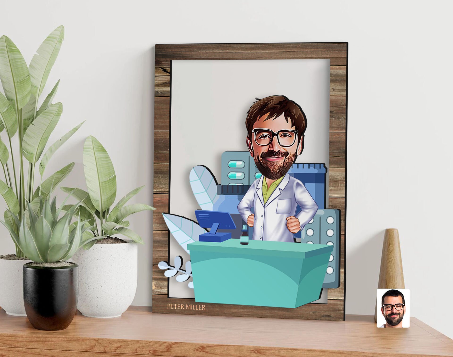 BK Gift Kişiye Özel Erkek Eczacı Karikatürlü 3D Ahşap Tablo, Sevgiliye Hediye, Arkadaşa Hediye, Yıl Dönümü Hediyesi, Doğum Günü Hediyesi-4