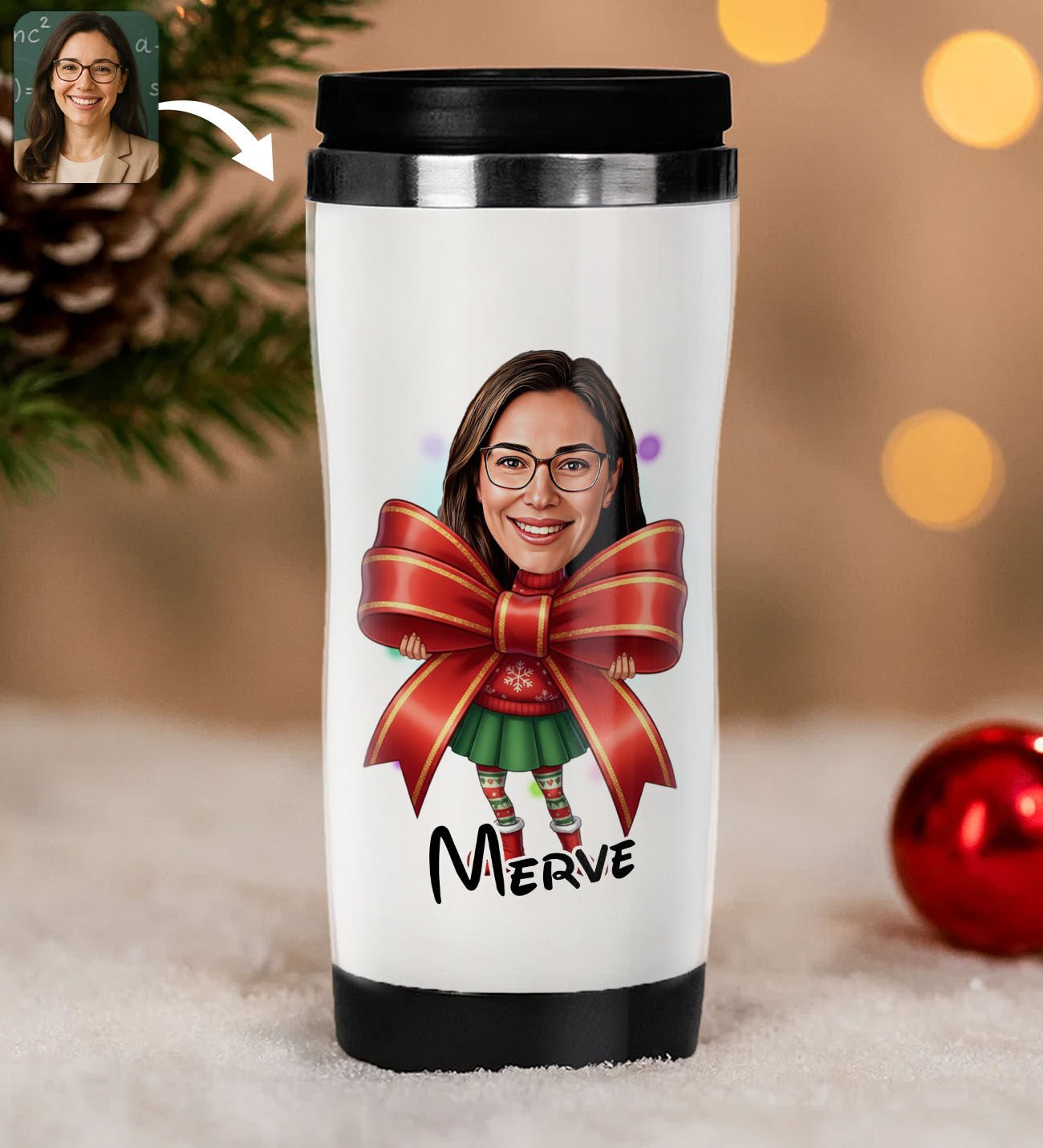 BK Gift Kişiye Özel Kadın Yılbaşı Karikatürlü Çelik Termos Bardak - 1, Yılbaşı Hediyesi, Yeni Yıl Hediyesi