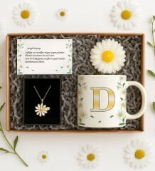 BK Gift Kişiye Özel Papatya Temalı Hediye Seti-1 | Kolye, Mum, Beyaz Kupa, Not Kartı ve Özel Kutulu Sevgiliye Hediye, Arkadaşa Hediye