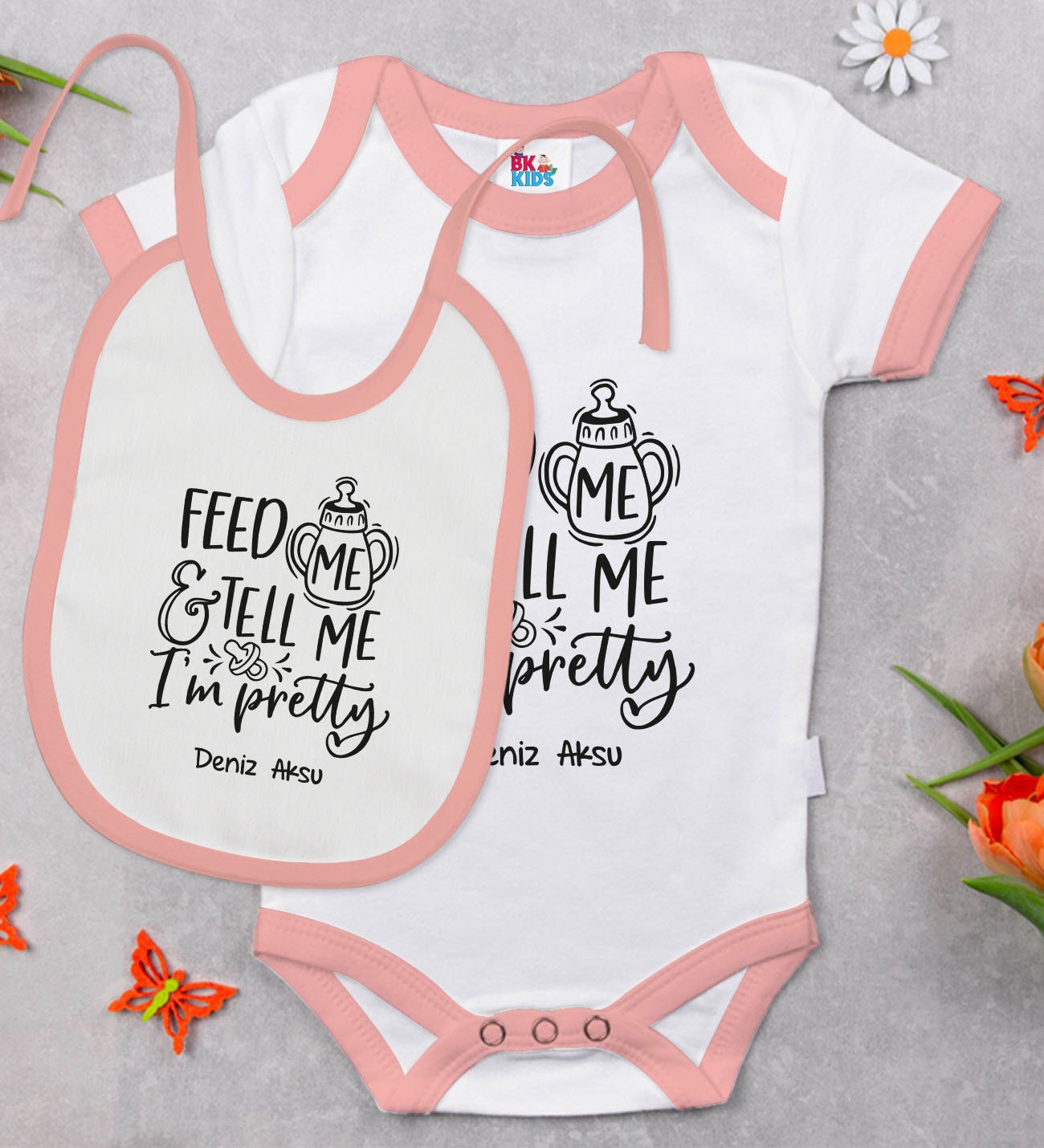 BK Kids Kişiye Özel I'm Pretty Tasarımlı Pembe Bebek Body Zıbın ve Mama Önlüğü Hediye Seti