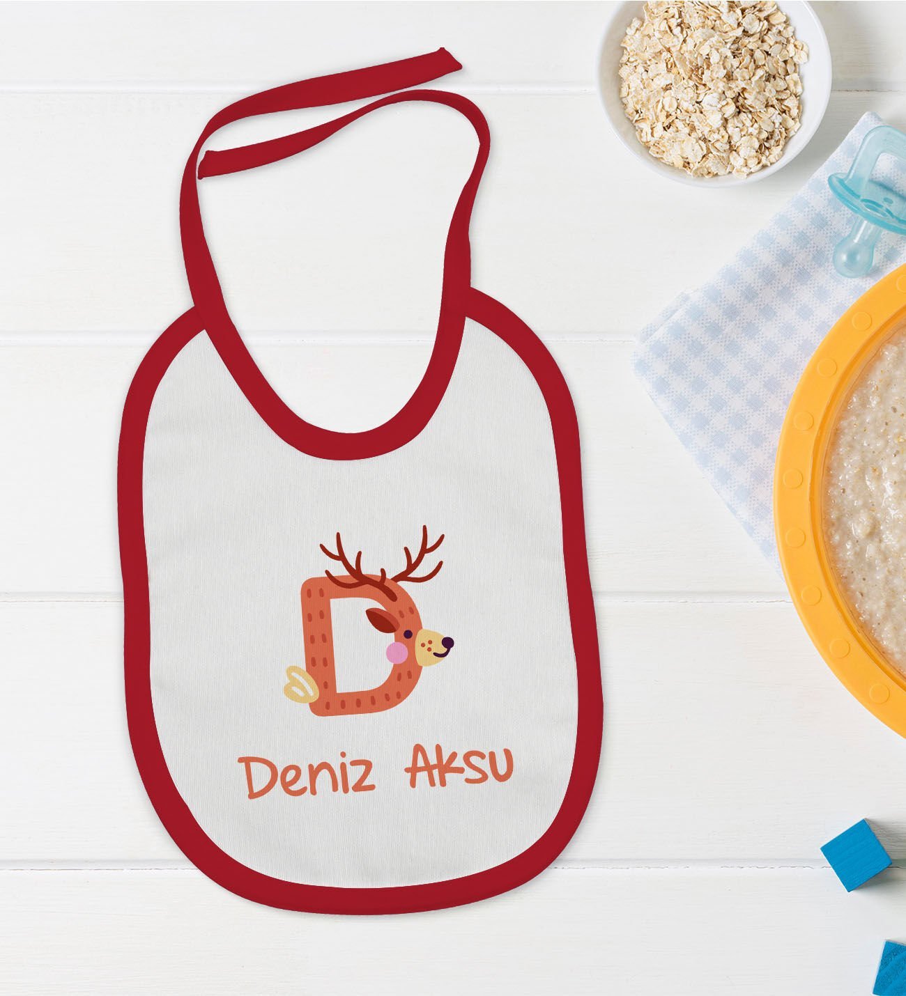 BK Kids Kişiye Özel Harfli Kırmızı Bebek Mama Önlüğü-2