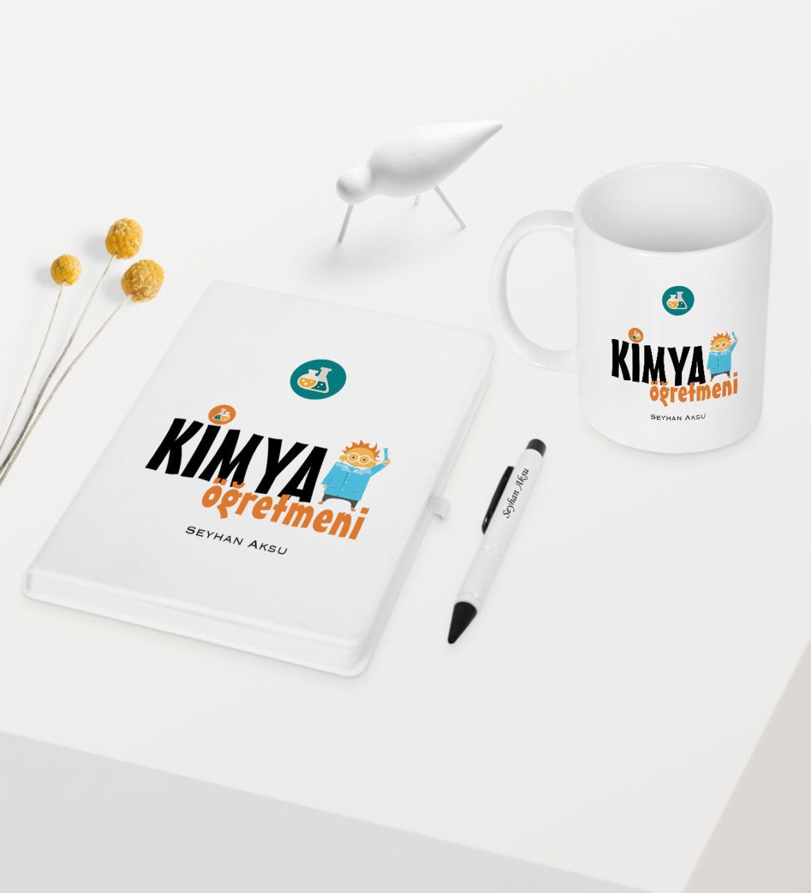 Kişiye Özel Kimya Öğretmeni Temalı Beyaz Defter Kalem Kupa Seti - 1
