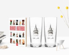 Kişiye Özel Renkli Baskılı Galata Kulesi Tasarımlı İkili Rakı Bardağı ve Rakı Cep Kitabı Hediye Seti-11