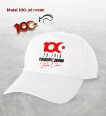 BK Gift 100. Yıl Hatırası Beyaz Şapka ve Gold Metal Rozet Hediye Seti-6, 29 Ekim Hediyesi, Cumhuriyet Bayramı, 100.Yıl Hediyesi