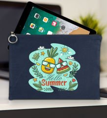 BK Gİft Yaz Temalı Lacivert Tablet Çantası 30x21cm, Ipad Çantası, Baskılı Tablet Kılıfı