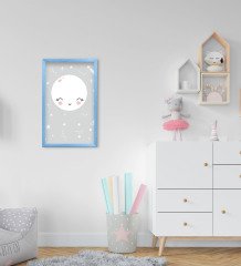 BK Home Sevimli Ay Tasarımlı Dekoratif Mavi Ahşap Çerçeveli Çocuk Odası Tablo-1
