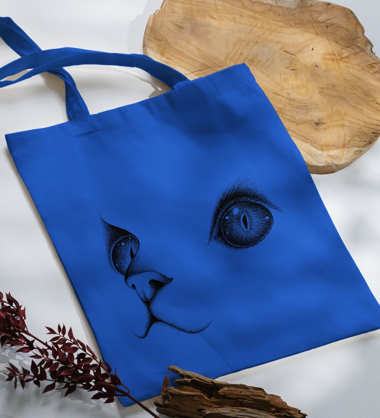 BK Gift Kedi Tasarımlı-1 Mavi Kumaş Bez Çanta, Baskılı Omuz Çantası, Alışveriş Çantası, Arkadaşa Hediye