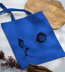 BK Gift Kedi Tasarımlı-1 Mavi Kumaş Bez Çanta, Baskılı Omuz Çantası, Alışveriş Çantası, Arkadaşa Hediye