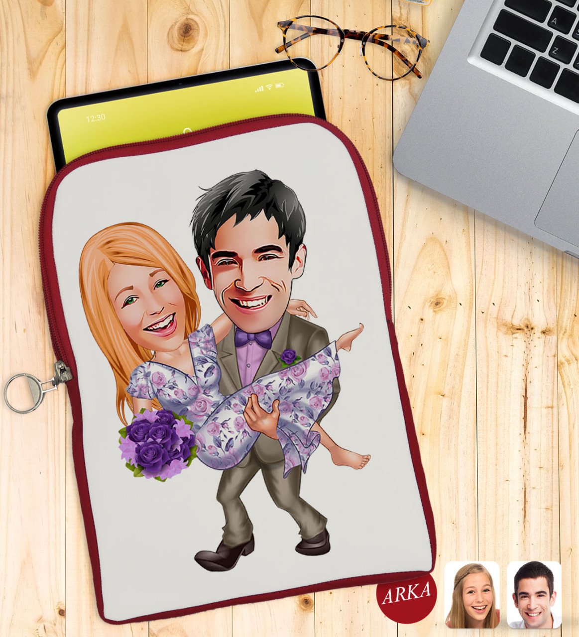 Kişiye Özel Sevgililer Karikatürlü Taşınabilir Koruyucu Tablet Kılıfı & Organizer Çanta - Kırmızı-56