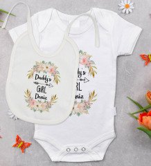 BK Kids Kişiye Özel Daddy's Girl Tasarımlı Bebek Body Zıbın ve Mama Önlüğü Hediye Seti - Model 1