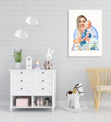 Kişiye Özel Anne ve Erkek Bebek Karikatürlü Kanvas Tablo 50x70cm-1