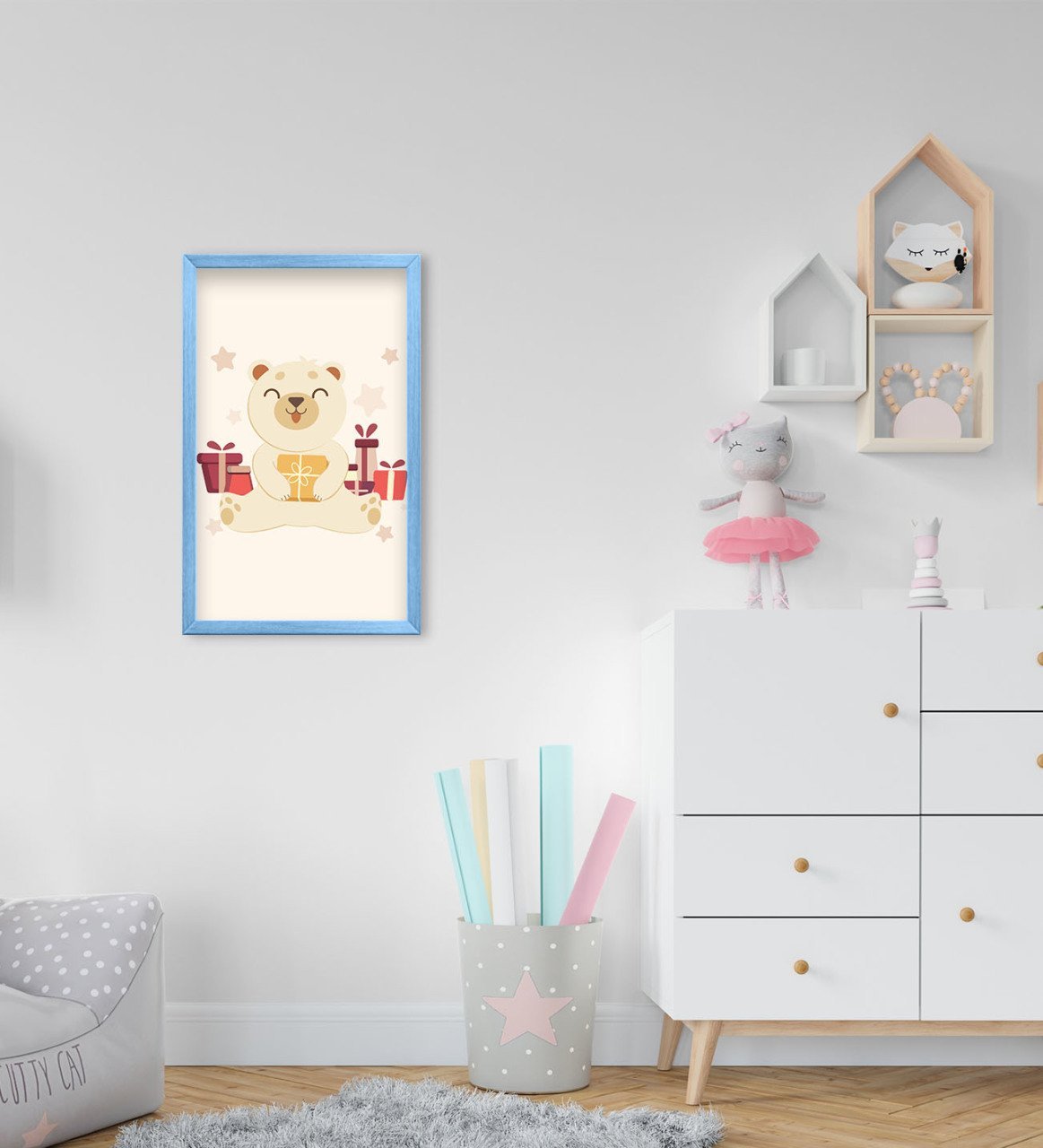 BK Home Sevimli Ayıcık Tasarımlı Dekoratif Mavi Ahşap Çerçeveli Çocuk Odası Tablo-1