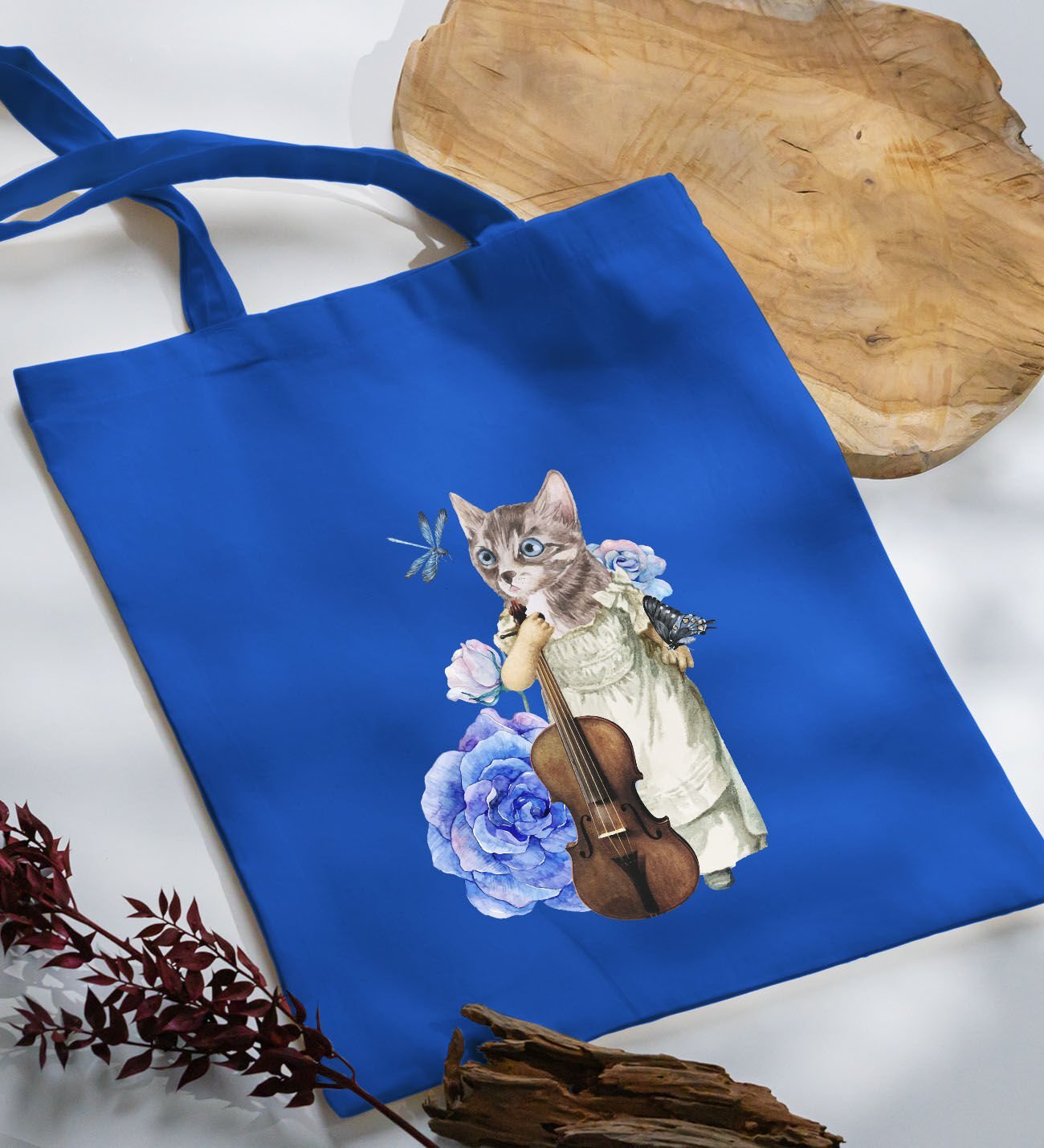 BK Gift Kedi Tasarımlı-3 Mavi Kumaş Bez Çanta, Baskılı Omuz Çantası, Alışveriş Çantası, Arkadaşa Hediye