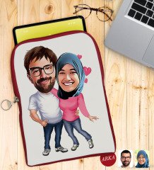 Kişiye Özel Sevgililer Karikatürlü Taşınabilir Koruyucu Tablet Kılıfı & Organizer Çanta - Kırmızı-58