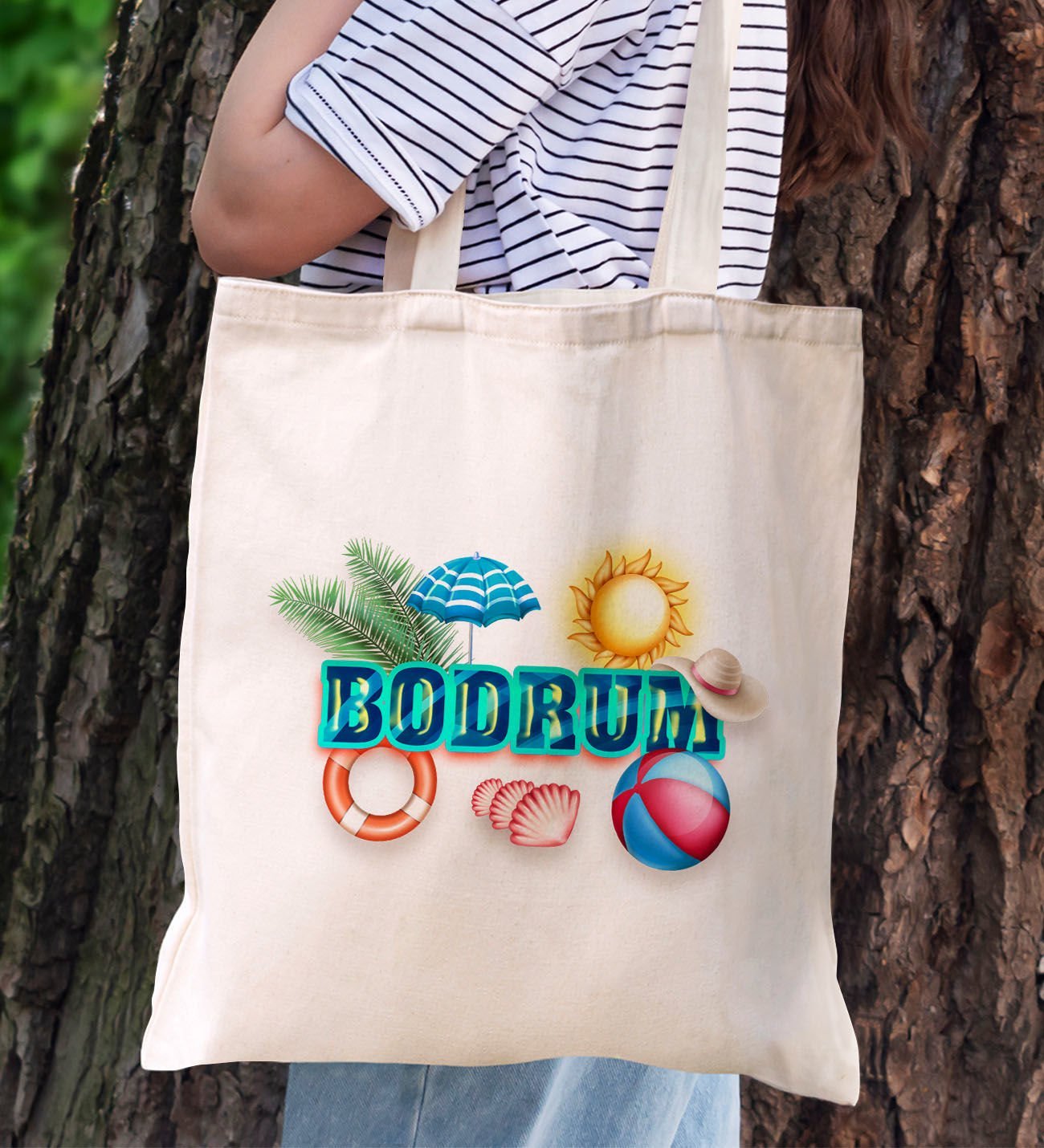 BK Gift Bodrum Temalı Kanvas Bez Plaj Çantası Baskılı Omuz Çantası, Alışveriş Çantası, Arkadaşa Hediye