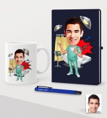 Kişiye Özel Bay Cerrah Karikatürlü Lacivert Defter Kalem Kupa Seti - 1
