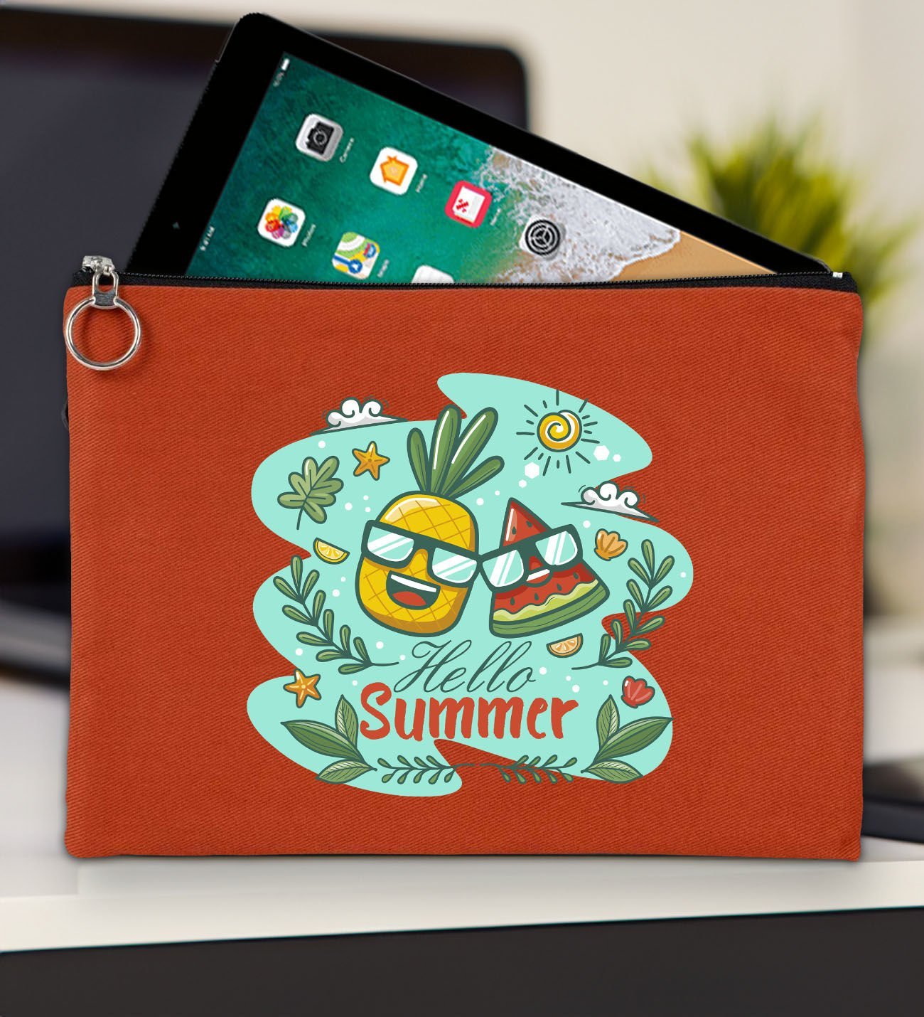 BK Gİft Yaz Temalı Kiremit Tablet Çantası 30x21cm, Ipad Çantası, Baskılı Tablet Kılıfı