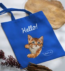 BK Gift Kedi Tasarımlı-4 Mavi Kumaş Bez Çanta, Baskılı Omuz Çantası, Alışveriş Çantası, Arkadaşa Hediye