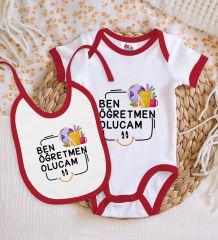 BK Kids Öğretmen Olucam Tasarımlı Kırmızı Bebek Body Zıbın ve Mama Önlüğü Hediye Seti-1
