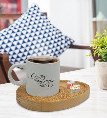Kişiye Özel Retro Motif Tasarımlı Doğal Ahşap Tabaklı Türk Kahvesi Fincanı Sunum Seti Model 9
