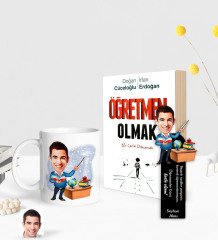 Kişiye Özel Erkek Sınıf Öğretmeni Karikatürlü Beyaz Kupa Ahşap Kitap Ayracı ve Öğretmen Olmak Kitabı Hediye Seti-1