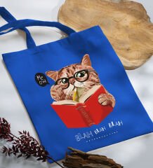 BK Gift Kedi Tasarımlı-5 Mavi Kumaş Bez Çanta, Baskılı Omuz Çantası, Alışveriş Çantası, Arkadaşa Hediye