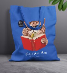 BK Gift Kedi Tasarımlı-5 Mavi Kumaş Bez Çanta, Baskılı Omuz Çantası, Alışveriş Çantası, Arkadaşa Hediye