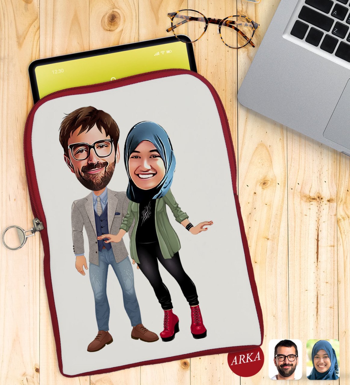 Kişiye Özel Sevgililer Karikatürlü Taşınabilir Koruyucu Tablet Kılıfı & Organizer Çanta - Kırmızı-60
