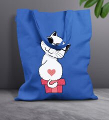 BK Gift Kedi Tasarımlı-6 Mavi Kumaş Bez Çanta, Baskılı Omuz Çantası, Alışveriş Çantası, Arkadaşa Hediye