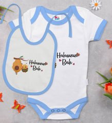 BK Kids Halasının Balı Tasarımlı Mavi Bebek Body Zıbın ve Mama Önlüğü Hediye Seti-1