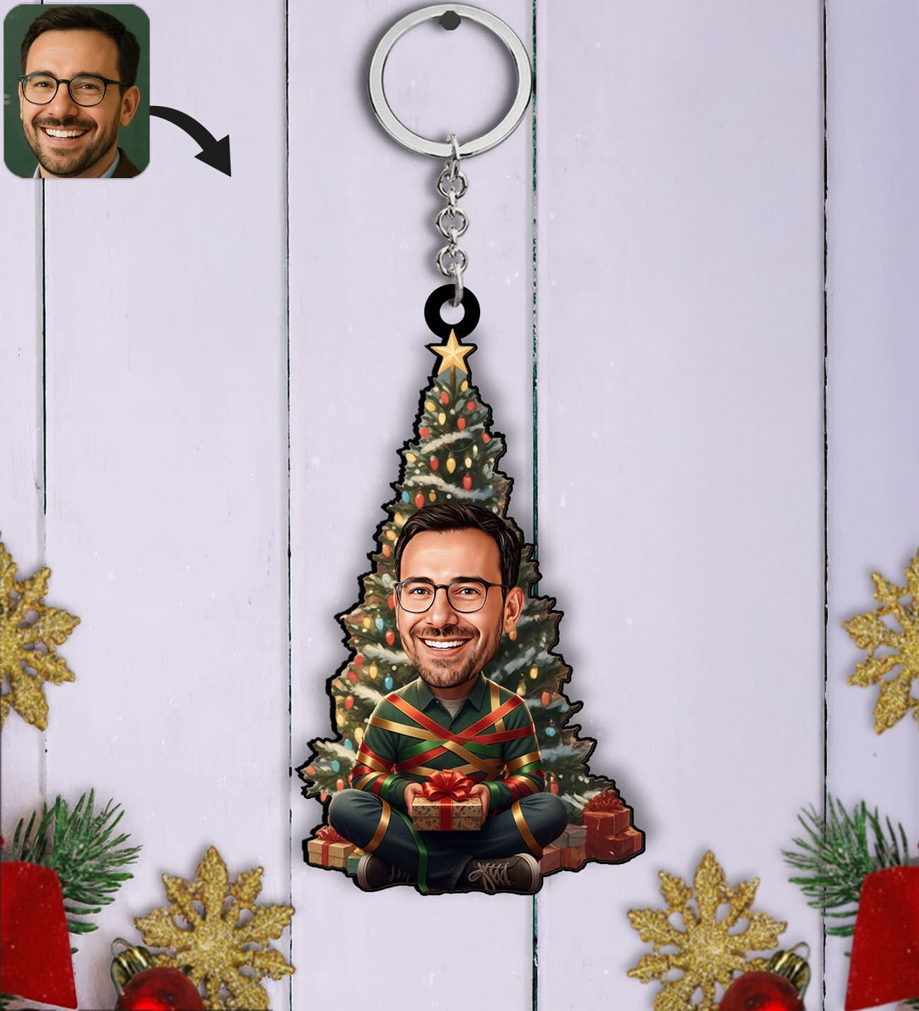 BK Gift Kişiye Özel Erkek Yılbaşı Karikatürlü Ahşap Anahtarlık -5, Yeni Yıl Hediyesi, Yılbaşı Hediyesi