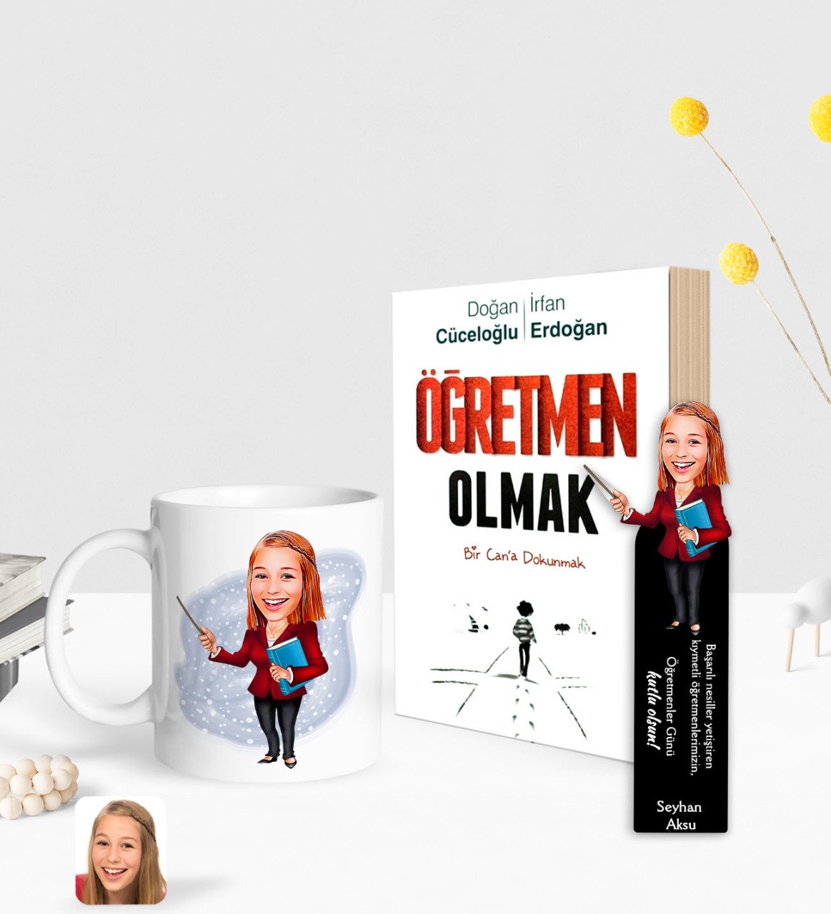 Kişiye Özel Kadın Öğretmen Karikatürlü Beyaz Kupa Ahşap Kitap Ayracı ve Öğretmen Olmak Kitabı Hediye Seti-3