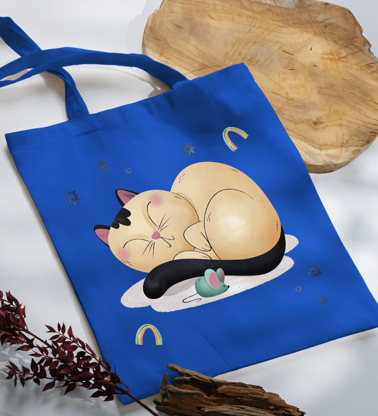 BK Gift Kedi Tasarımlı-7 Mavi Kumaş Bez Çanta, Baskılı Omuz Çantası, Alışveriş Çantası, Arkadaşa Hediye