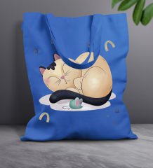 BK Gift Kedi Tasarımlı-7 Mavi Kumaş Bez Çanta, Baskılı Omuz Çantası, Alışveriş Çantası, Arkadaşa Hediye