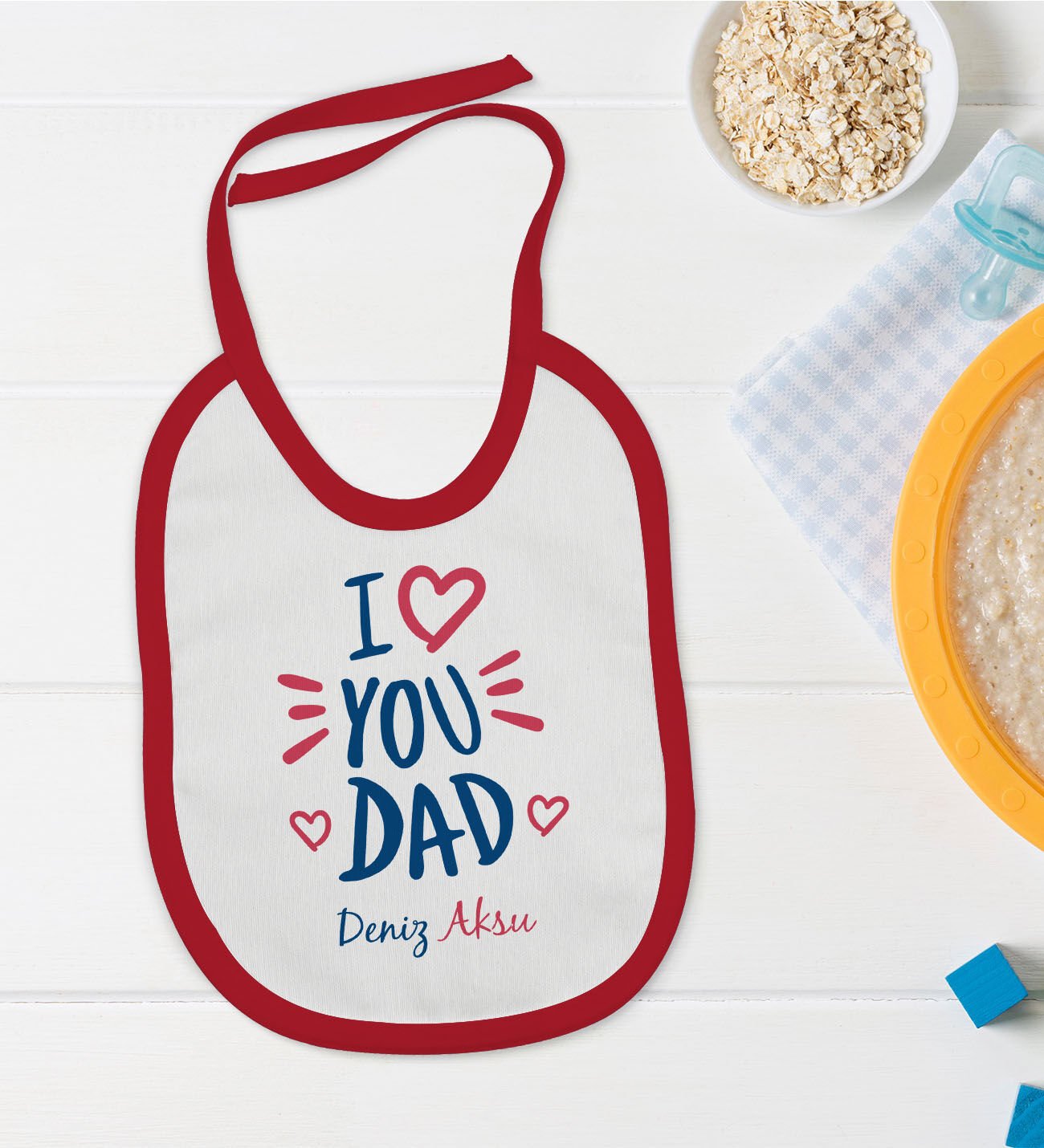 BK Kids Kişiye Özel I Love You Dad Tasarımlı Kırmızı Bebek Mama Önlüğü-2