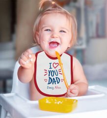 BK Kids Kişiye Özel I Love You Dad Tasarımlı Kırmızı Bebek Mama Önlüğü-2