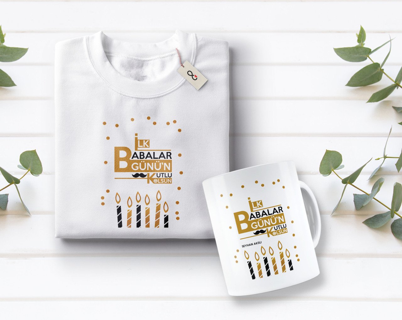 Kişiye Özel İlk Babalar Günü Tasarımlı Beyaz Tişört ve Kupa Seti-5