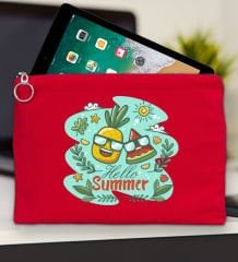BK Gİft Yaz Temalı Kırmızı Tablet Çantası 30x21cm, Ipad Çantası, Baskılı Tablet Kılıfı
