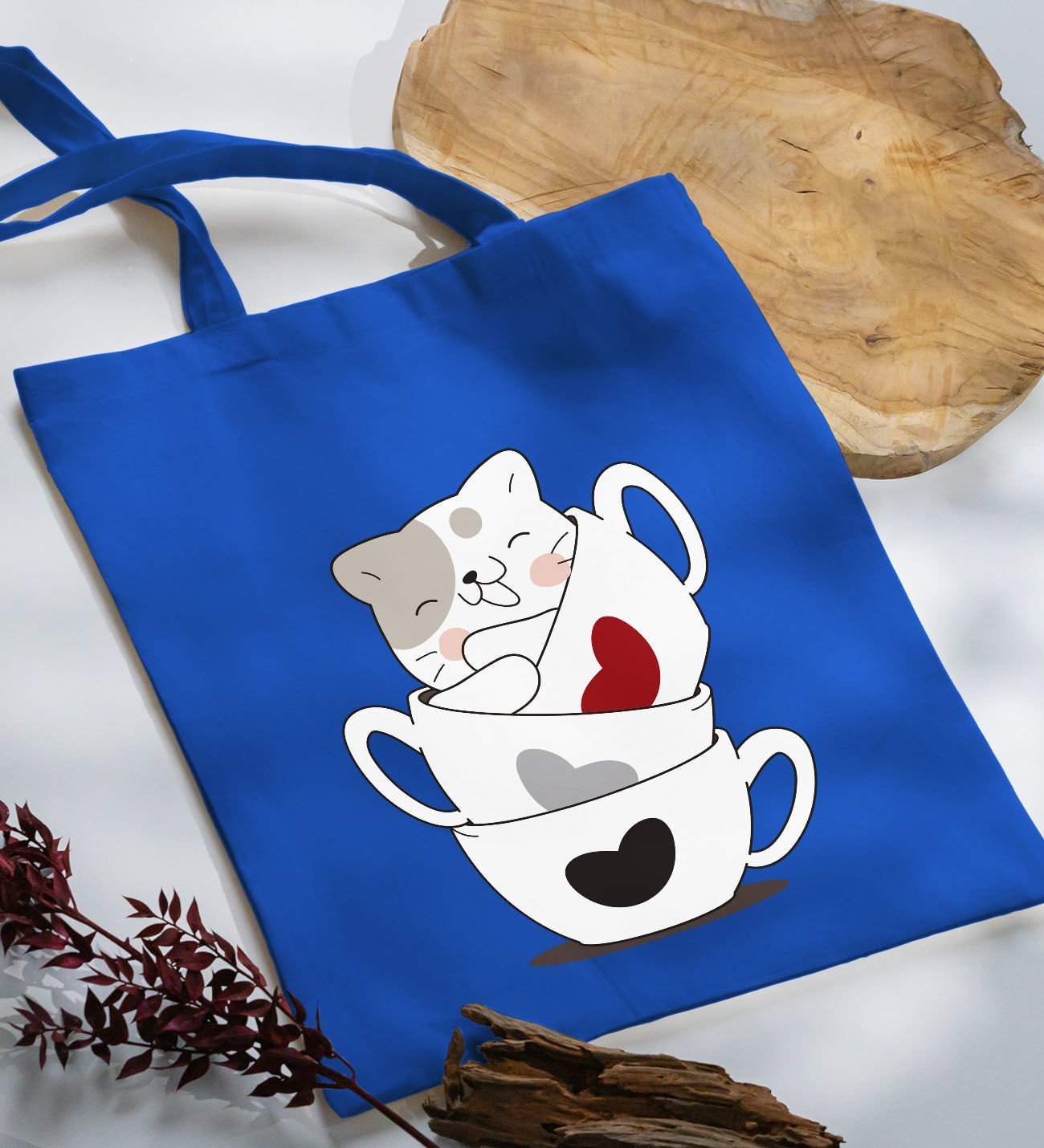 BK Gift Kedi Tasarımlı-10 Mavi Kumaş Bez Çanta, Baskılı Omuz Çantası, Alışveriş Çantası, Arkadaşa Hediye