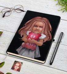 Kişiye Özel Kız Çocuk İllüstrasyon Tasarımlı Siyah Defter ve Kalem Hediye Seti-1